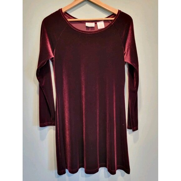 Vtg Burgundy Stretch Velvet Long Sleeve Holiday Dress Moda International Sz Mp - Picture 1 of 5